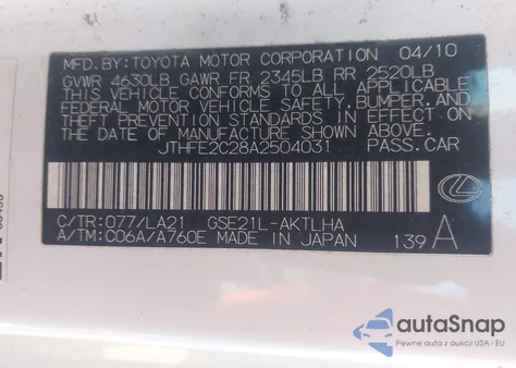 2010 Lexus Is 350C from USA, damaged, VIN JTHFE2C28A2504031